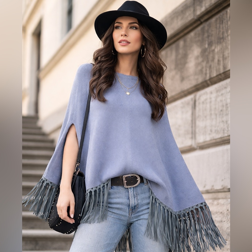 Pinotti Sky Blue Cashmere Leather Fringe Poncho | Made in Italy | One Size